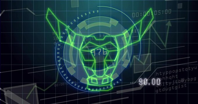 Dial starting, marker showing, neon bull forming, data peaking then shrinking for analytics
