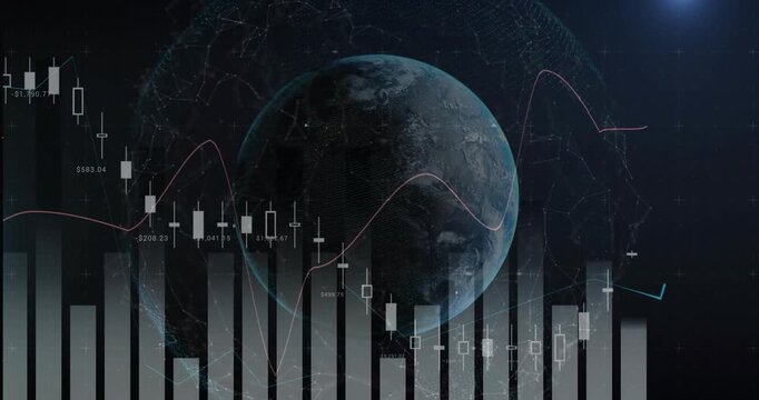Incoming market data driving globe with candlesticks and histogram bars shifting toward recovery