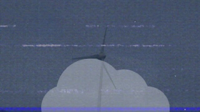 Offshore wind turbine blades rotating on start, clouds growing and drifting, simulating VHS noise