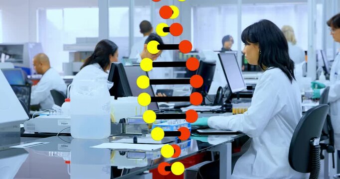 Tech tapping screen causing DNA helix sliding over bench showing tech handling samples for research