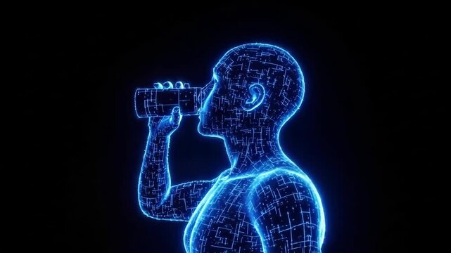 Digital Humanoid Figure Drinks From Cylindrical Object Rendered In Neon Blue Lines Against Black Backdrop Technology Consumption For Futuristic Science Fiction Concepts