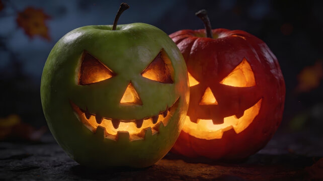 Halloween apples carved like pumpkins glowing.
Two carved apples with scary faces glowing in dark, creative Halloween decoration