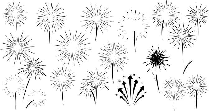 Black and White Fireworks Illustration Set: Bursting Celebration Elements