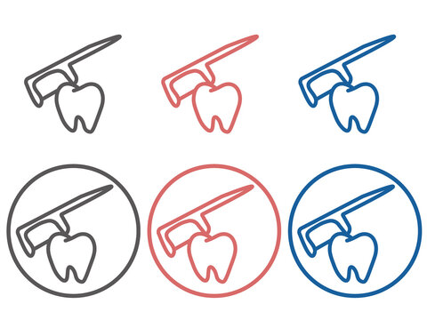 歯とデンタルフロスのアイコン3色セット 歯間掃除 図解 グレー・レッド・ブルー 丸枠付き 歯科衛生 素材 背景透過PNG