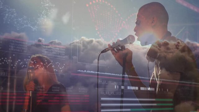 Lead singer starting leaning and reaching female backup singing HUD waves sweeping for music mood