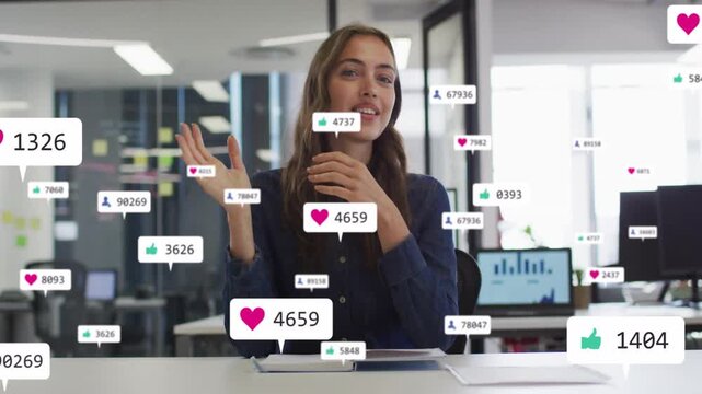 Woman presenter speaking to camera sparking social bubbles around her and showing marketing stats