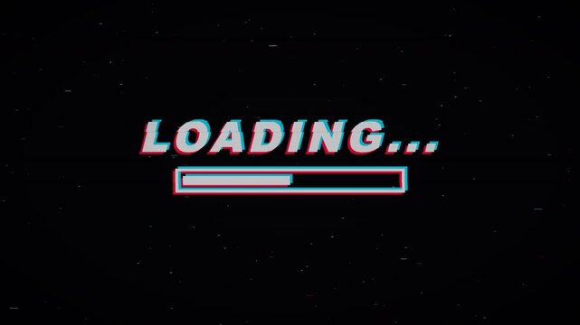 Retro VHS glitch loading screen with digital distortion and progress bar animation