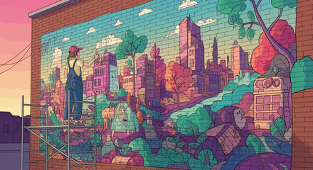 Fototapeta premium Woman painting colorful cityscape mural wall.