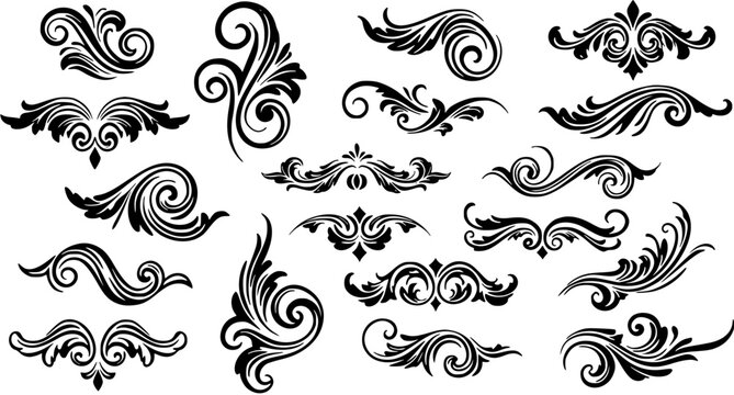 Elegant Black Vector Flourishes and Scrollwork Set for Decorative Design Elements, Borders, and Dividers