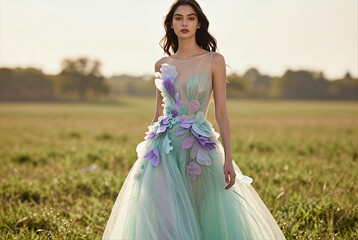 Fototapeta premium Ethereal Pastel Couture in Golden Hour Meadow
