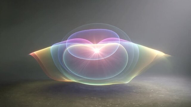Brightening flare forming colorful layers, pulsing, making floor glow under right beam and haze
