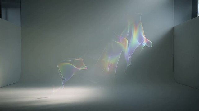 Rising iridescent ribbon veil emerging from floor light and billowing toward upper-right studio