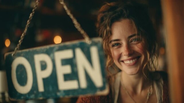 Ready to Serve: A charming female proprietor beams with warmth as she flips the open sign, welcoming customers to her establishment with an inviting smile.