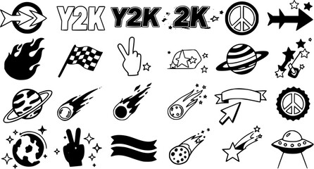 Y2K Aesthetic Doodle Set: Black and White Icons of the 2000s Fashion and Pop Culture. Arrows, Fire, Flags, Hands, Planets, Comets and UFOs © arulumia