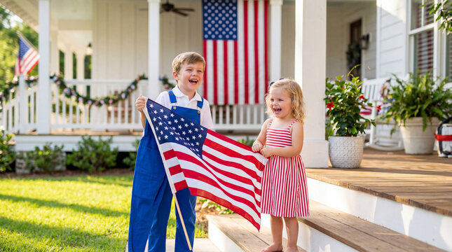National Siblings Day Patriots Day siblings waving American flag on porch steps showing patriotic pride for holiday celebration magazine cover