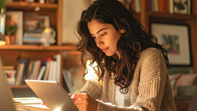 Focused Young Woman Using Digital Tablet for Study or Work at Home