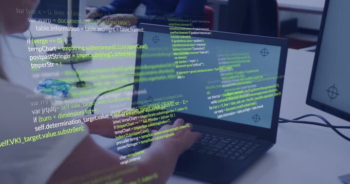 Mature woman typing on laptop in office causing green code overlay scrolling over keys while coding