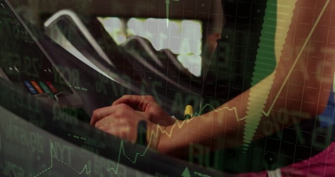 Gym users tapping consoles, female appearing starting belts, tracking progress with green graphs