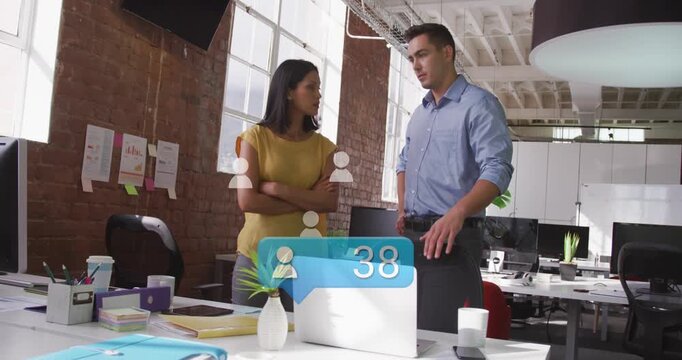 Notification bubble updating, man gesturing and woman listening, icons stacking to show engagement