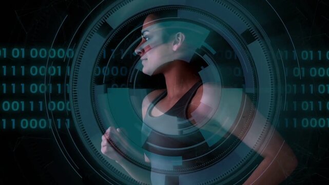 Runner jogging while ring forming at head causing teal HUD expanding showing fitness binary data