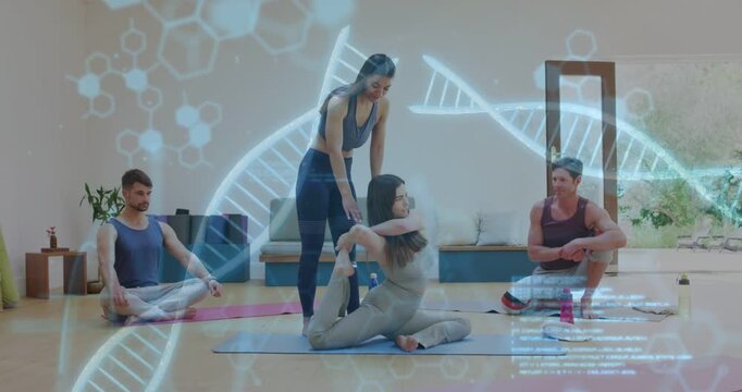 Seated student reaching foot, teacher guiding deepening stretch, DNA or code overlay merging with yo