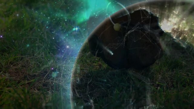 Clear orb pulsing on grass, fissure opening, emitting golden beams, revealing core for tech