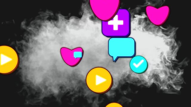 Magenta heart appearing smoke forming UI icons popping and drifting tone shifting driving marketing