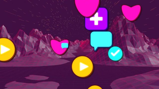 Heart appearing at horizon, icons scaling toward camera, obscuring low poly mountains for marketing