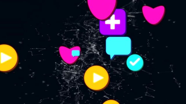 Social icon cluster growing and stacking in dark net field, initial heart sparking flow for metrics