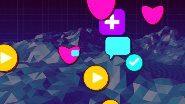 Left play button entering, icons floating up and forward, scaling into dense cloud over teal peaks