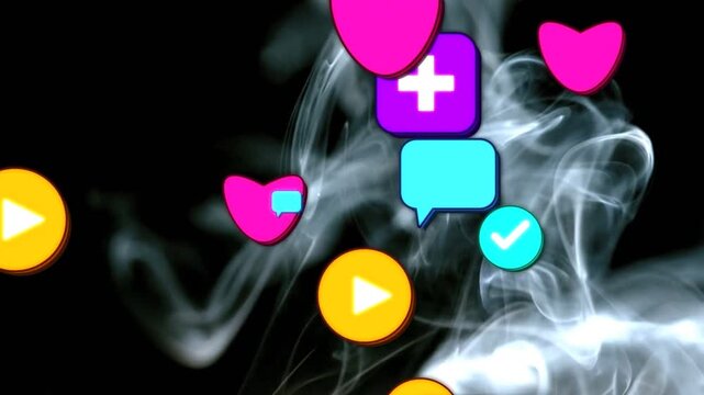 Single magenta heart appearing, initiating icons spawning and drifting over smoke for social media