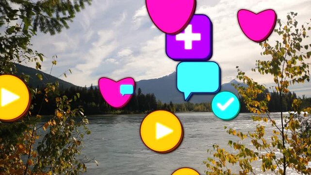 First pink heart appearing near lake, icons emerging at edges, scaling, clustering, showing growth