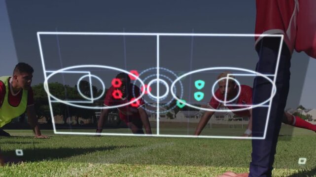 Team holding planks on grass, court diagram fading in, animated markers, pulsing rings for training