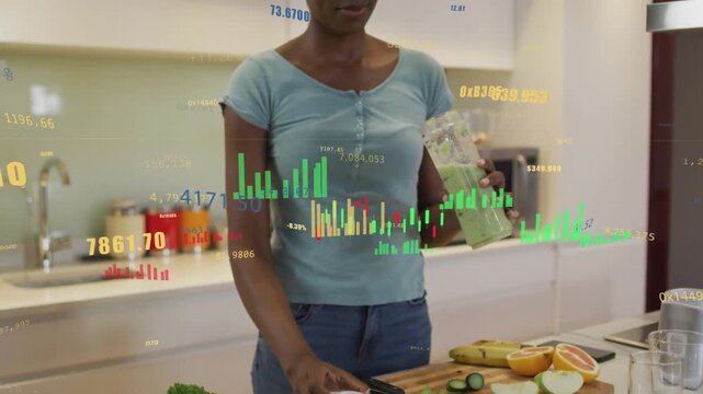 Woman opening mixer lid and checking green drink before drinking in kitchen while financial overlay