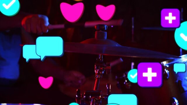 Drumstick entering left starting player hitting snare cymbal while icons rising showing reaction