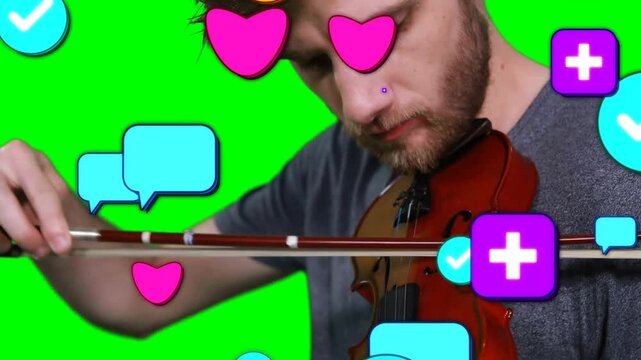 Following first bow stroke man in gray shirt bowing violin at green screen, icons multiplying