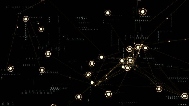 Lower-left pulse sending center-right hex nodes, tech lines pulsing while binary code routing data