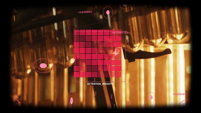 ATTENTION_WEIGHTS grid reacting as clamp moving in, shifting cells and showing NEURAL_CORE metrics