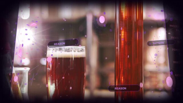 Panning camera showing glassware cluster shifting on bar counter to reveal UI overlays and pipette