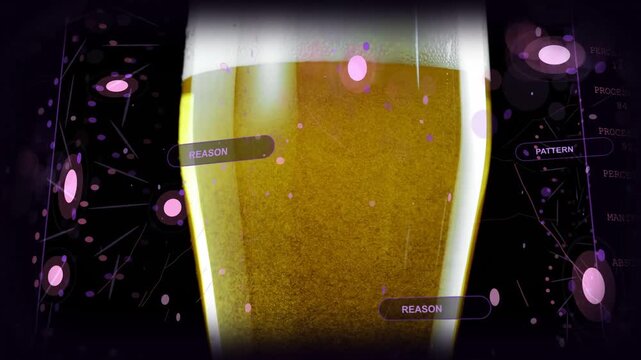Tall glass with amber brew bubbles rising starting camera pullback HUD nodes sliding revealing tech