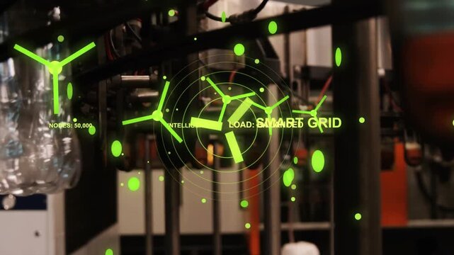 Holographic HUD expanding over production line, bottle movement activating SMART GRID load status