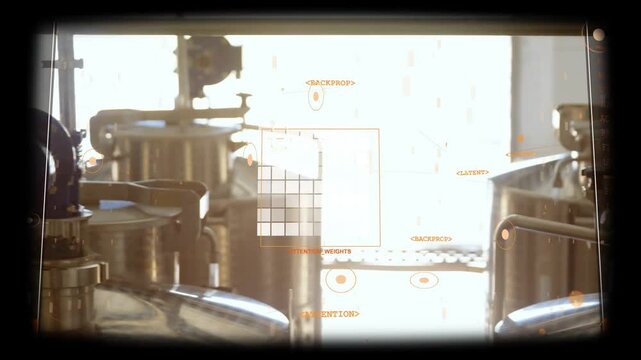 Brewery tank undergoing automated AR inspection, scan initiating grid and amber marks mapping fault