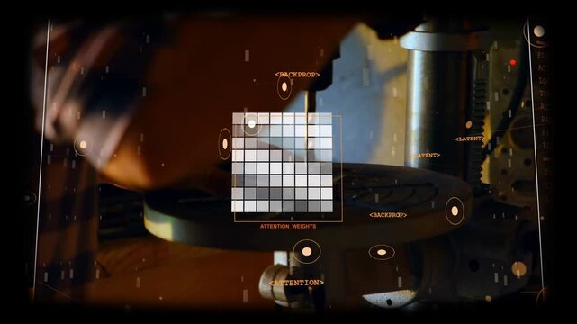 Operating technician with rolled sleeve aligning bench drill press bit over rotary table, HUD grid