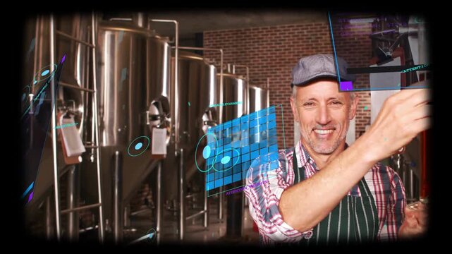 Brewer opening valve, sampling in brewery, inspecting liquid while animated HUD confirming quality