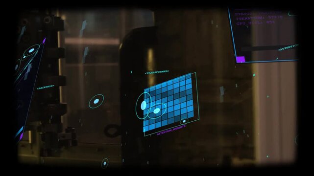 Factory overlay starting diagnostic scan, shifting over hardware while camera revealing blue grid