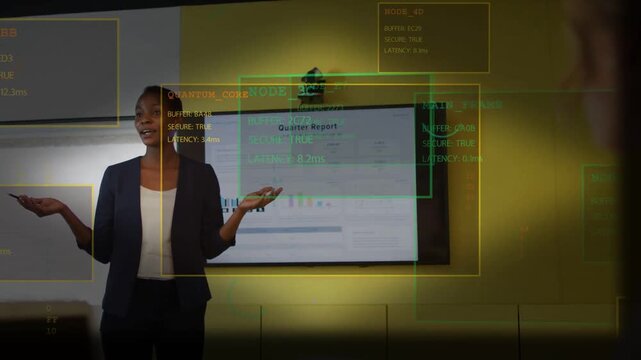 Lead using clicker and giving quarter report, overlays tracking presenter and highlighting charts