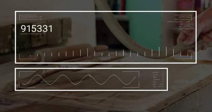 Maker hands entering from right and showing HUD graphs, shaping dough coil as loop in workshop