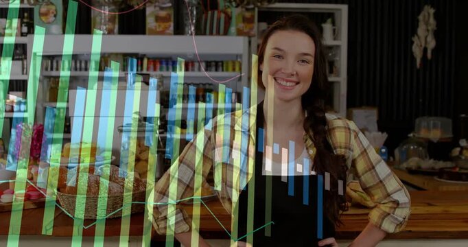 Barista at counter smiling, graphic vertical bars appearing left sweeping right promoting pastries