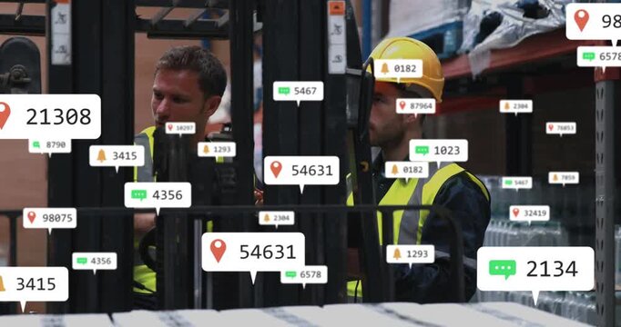 Right operator using forklift controls, left worker checking, UI labels multiplying for inventory