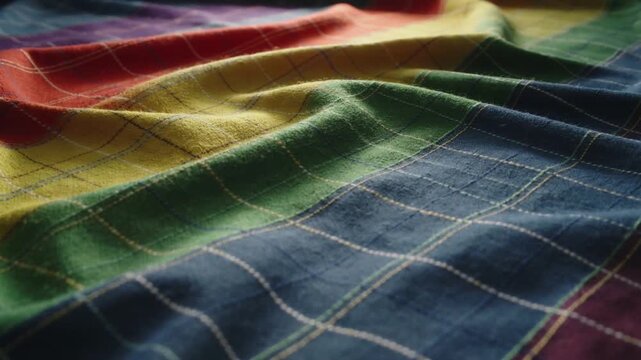 Shifting stitched plaid cloth responding to warm light, settling and resettling on flat surface